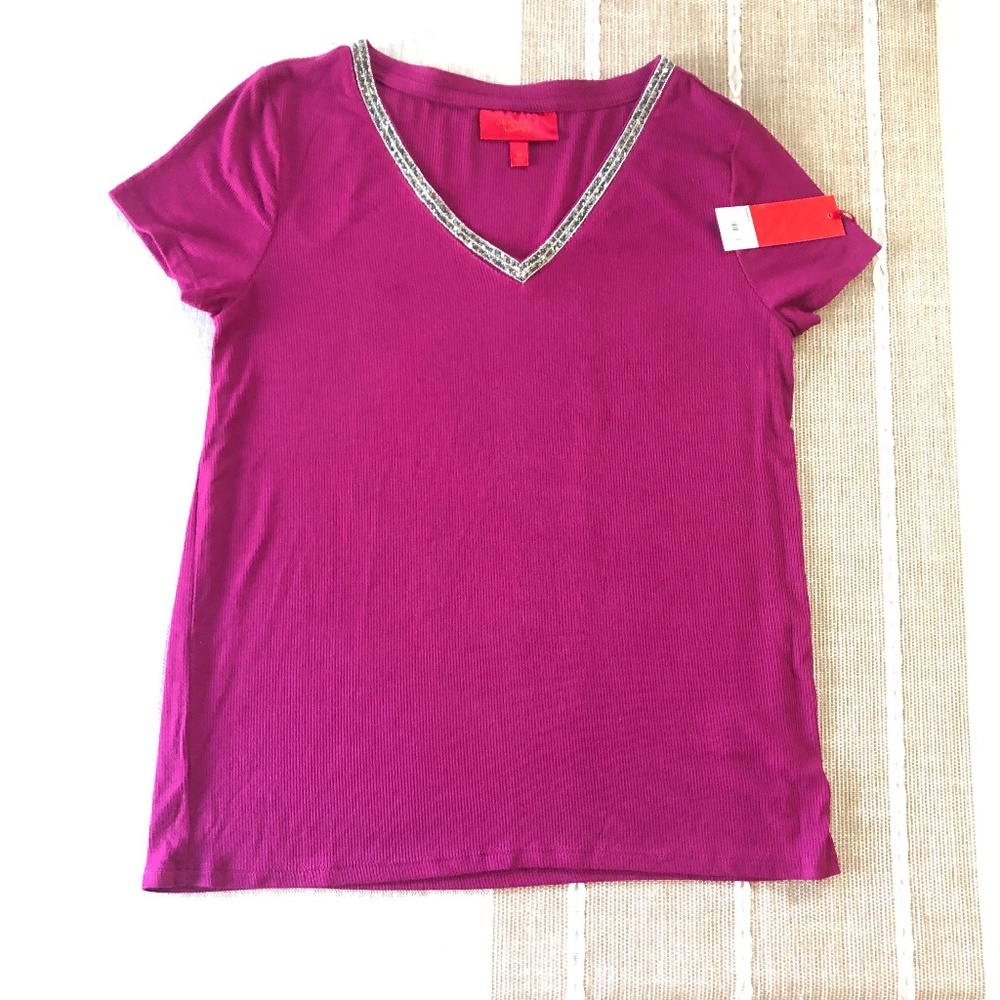 Jennifer Lopez Embellished Sparkle V Neck Tee NWT